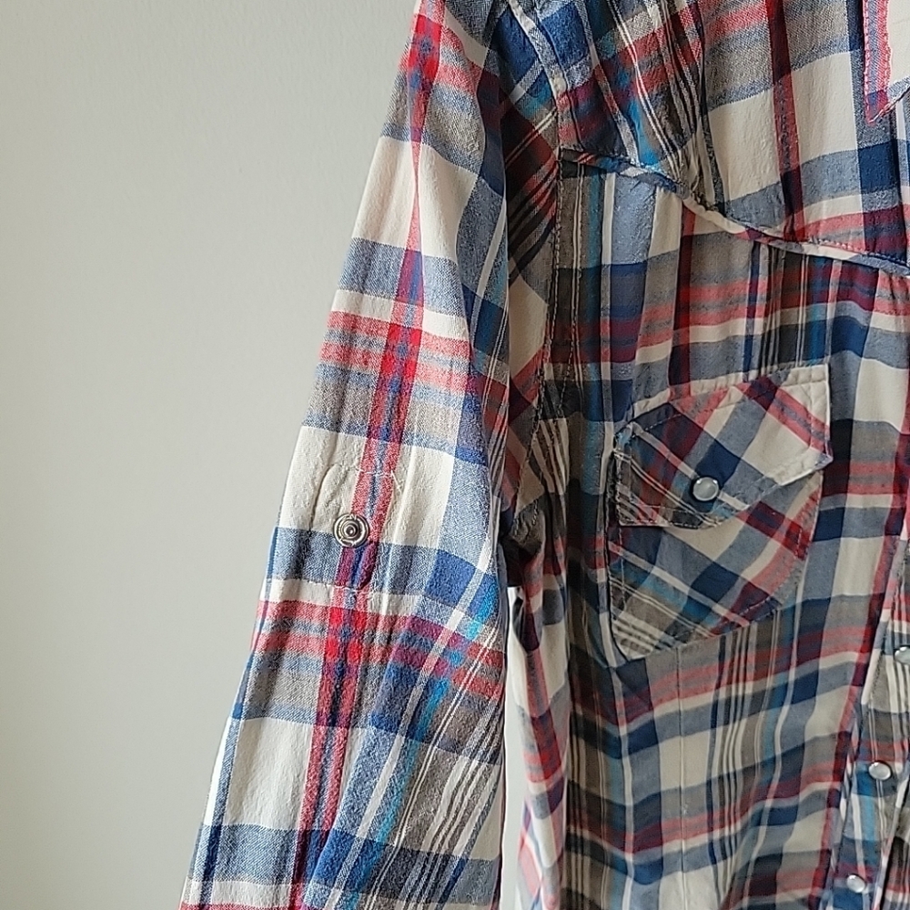 Alessandro Miele Womens Medium Plaid Shirt Dress 3/4 Sleeves Frayed Curved Hem - Picture 6 of 12